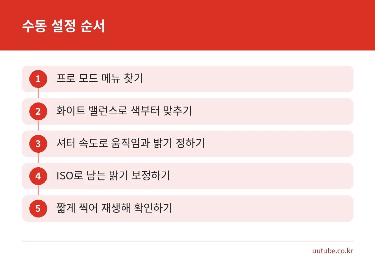 프로 동영상 모드에서 화이트 밸런스, 셔터 속도, ISO를 차례로 맞추는 수동 설정 순서 그림