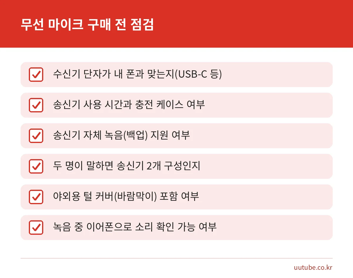 스마트폰 무선 마이크 구매 전 점검표: 단자, 사용 시간, 백업 녹음, 송신기 수, 바람막이, 모니터링