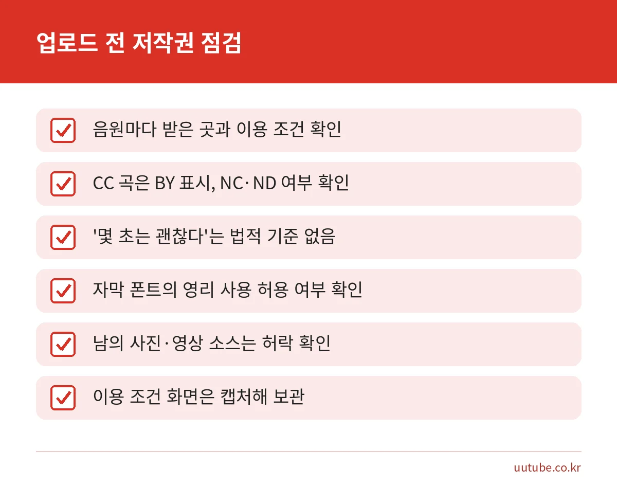 영상 업로드 전 배경음악·폰트 저작권 점검표: 이용 조건, CCL 표시, 시간 기준, 폰트 영리 사용, 기록 보관